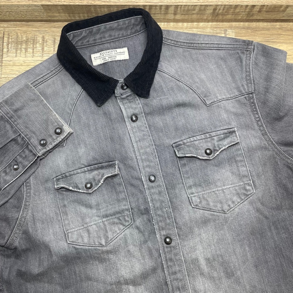AllSaints Denim Corduroy Collar Shirt Jacket Shacket Mens Medium Grey Western
